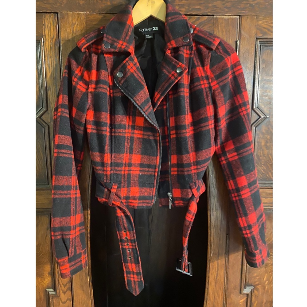 Red Tartan Cropped Moto Jacket